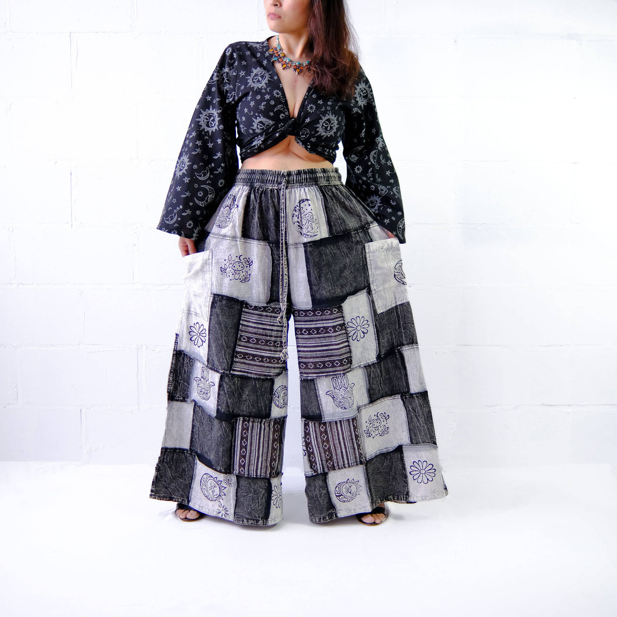 OS-Cotton Patchwork Wide Leg Boho Pants