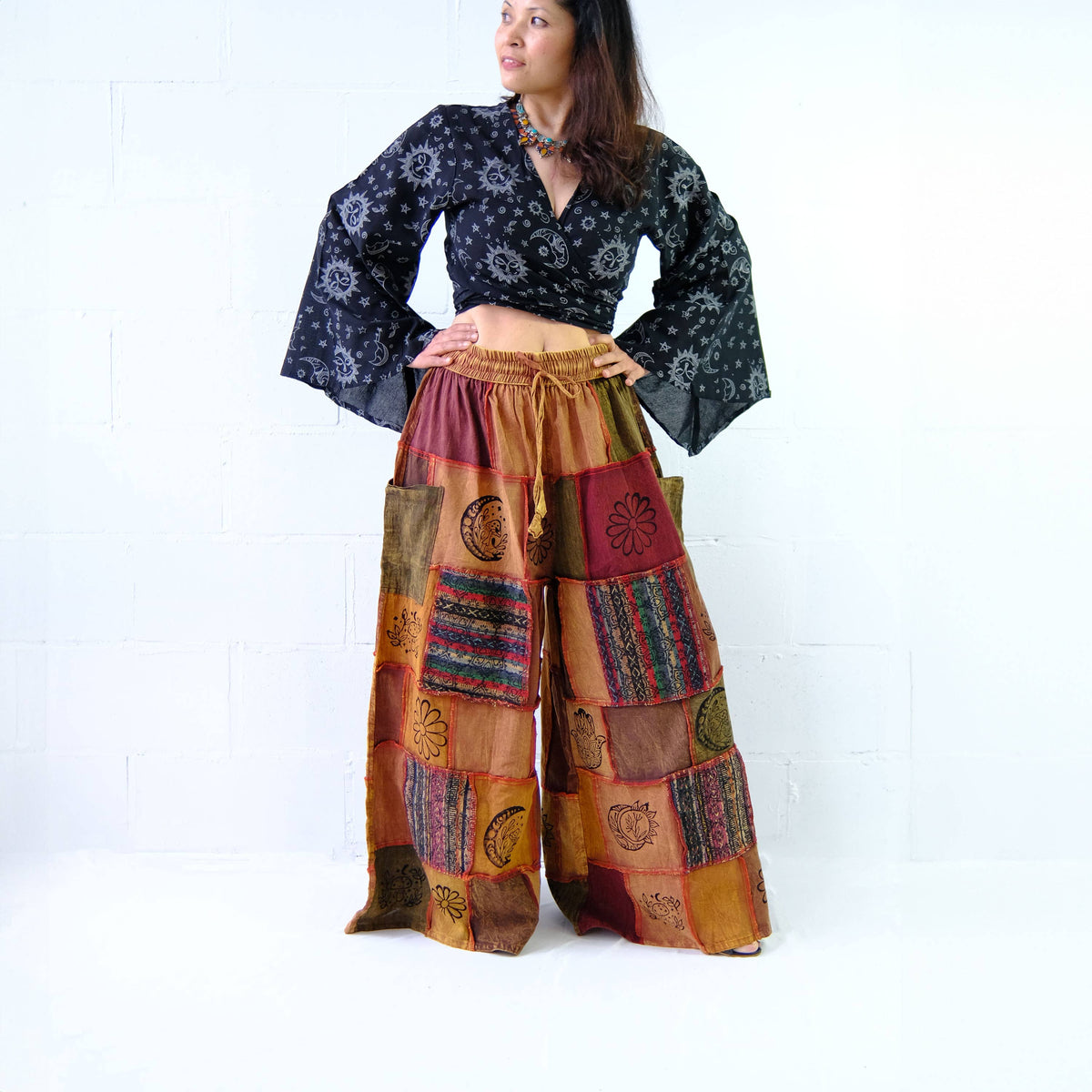 OS-Cotton Patchwork Wide Leg Boho Pants
