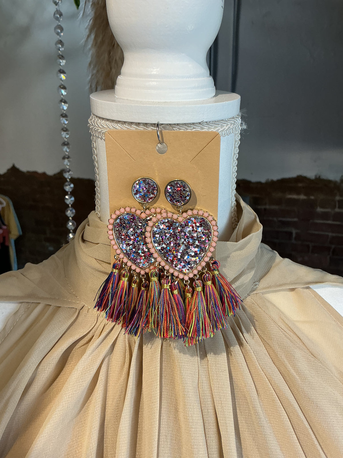 Sparkling Heart & Fringe Earrings