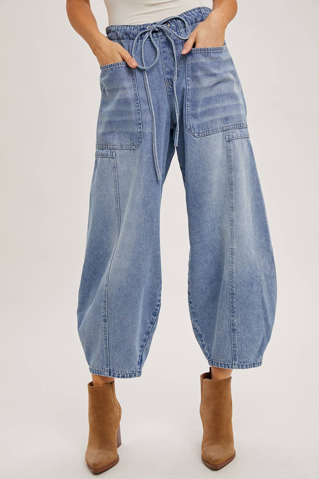 S-DARKDENIM MID-WAIST DRAWSTRINGS BARREL JEANS