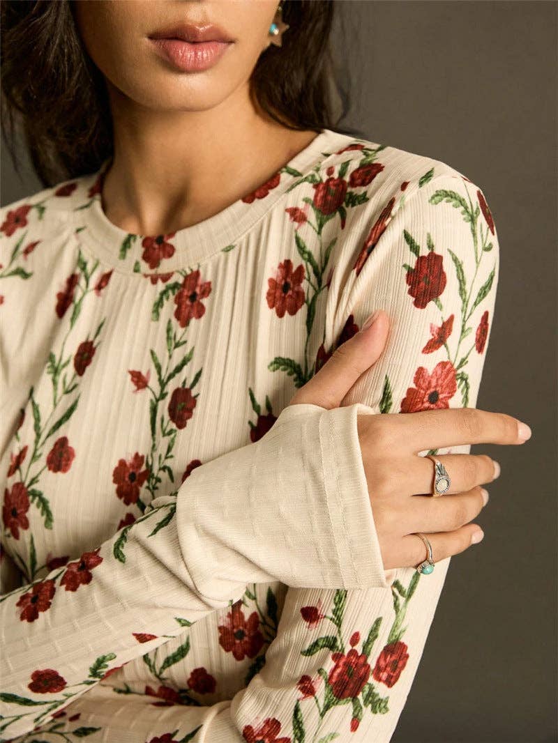 Vintage Floral Ribbed Fitted Long Sleeve