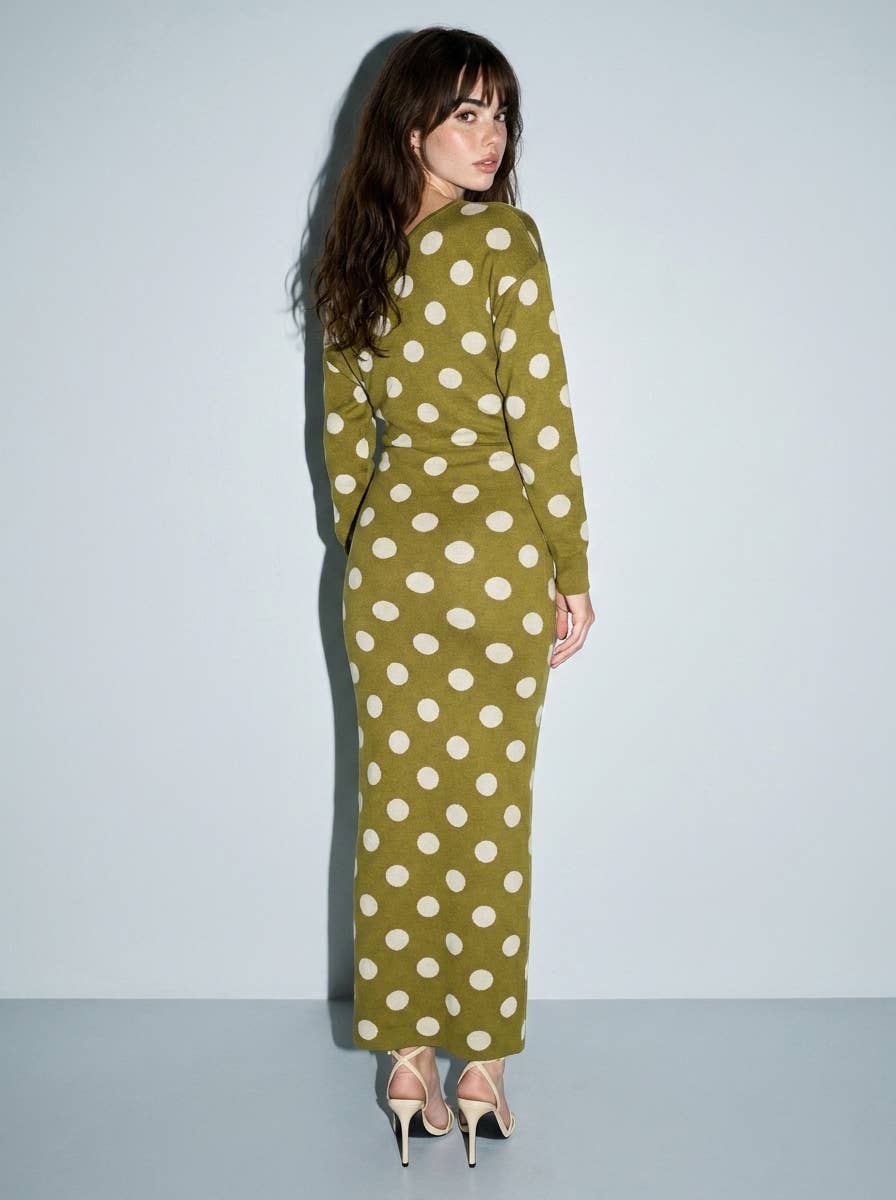 OLIVE / L-Polka Dot Off The Shoulder Sweater Knit Maxi Dress