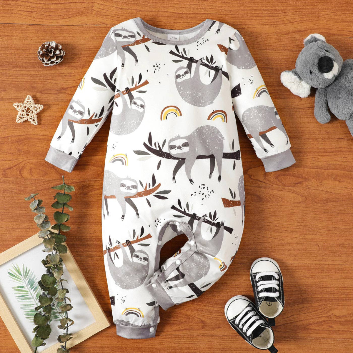 Baby Boy Cartoon Sloth Print White Long-sleeve Jumpsuit