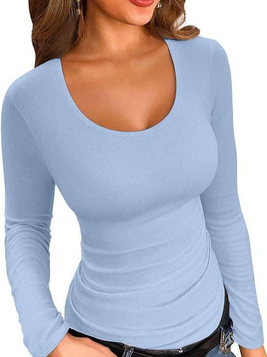 Ribbed Scoop Neck Long Sleeve Slim Fit