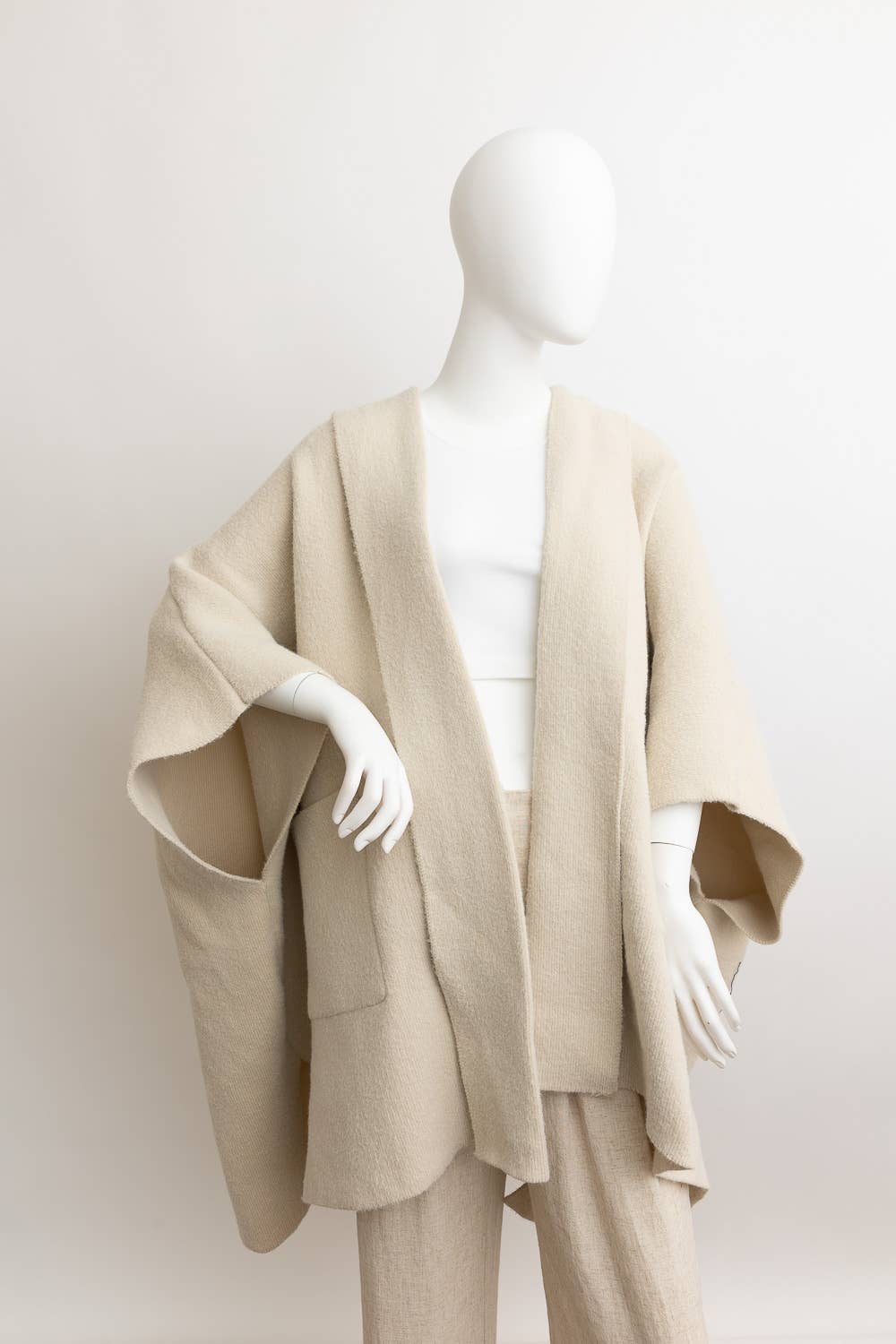 Cozy Plush Solid Color Hooded Ruana: Ecru