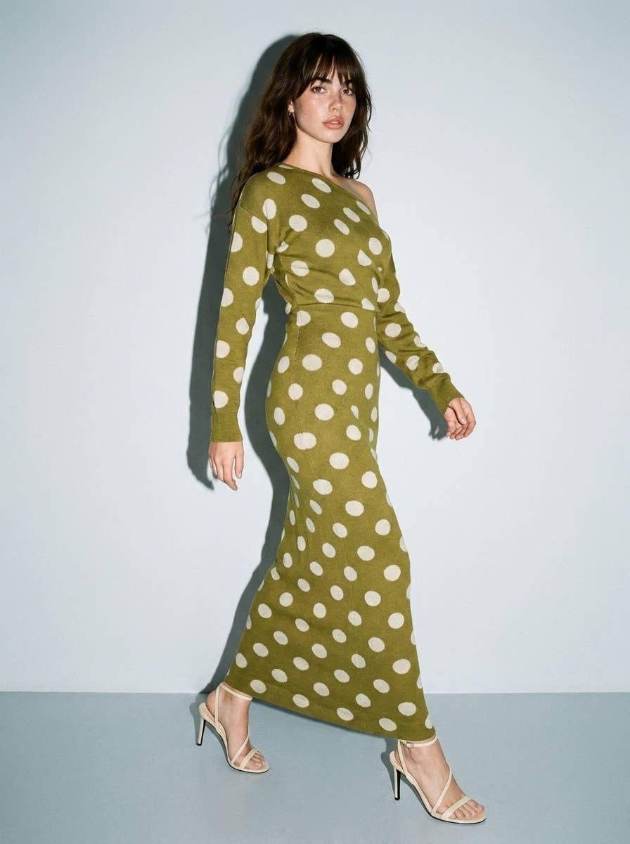 OLIVE / S-Polka Dot Off The Shoulder Sweater Knit Maxi Dress