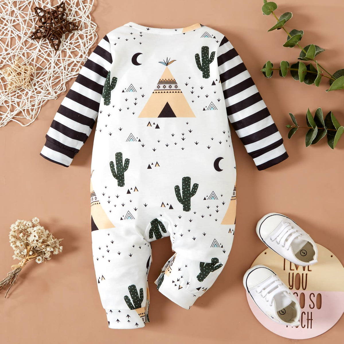 Baby Boy/Girl All Over Print Striped Long-sleeve Jumpsuit