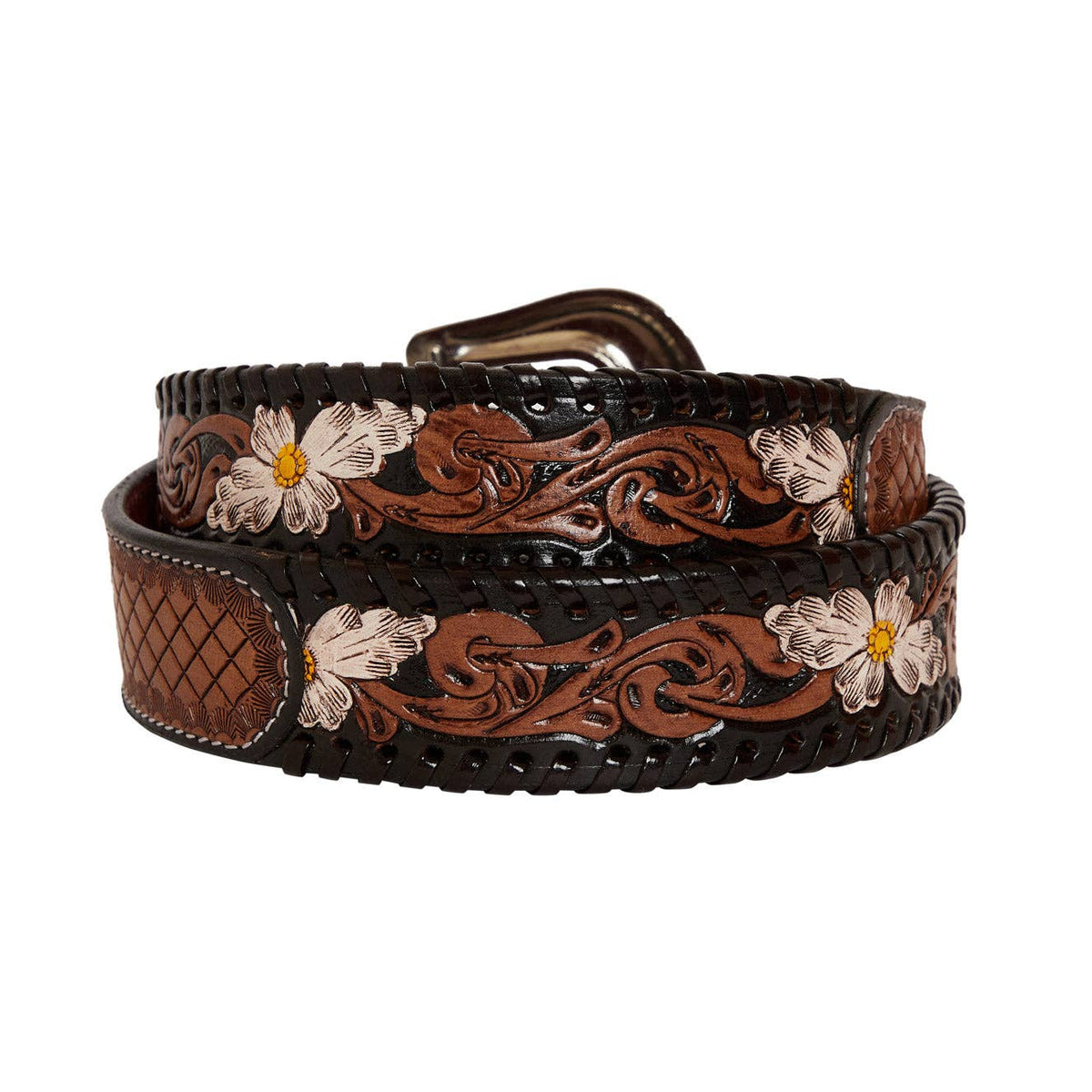 Checkered brown  Hand-Tooled  Leather Women's Belt: Brown