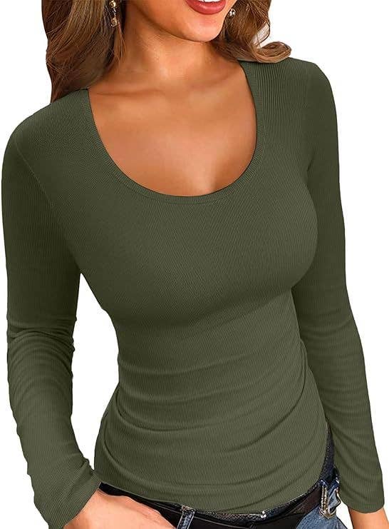 Ribbed Scoop Neck Long Sleeve Slim Fit