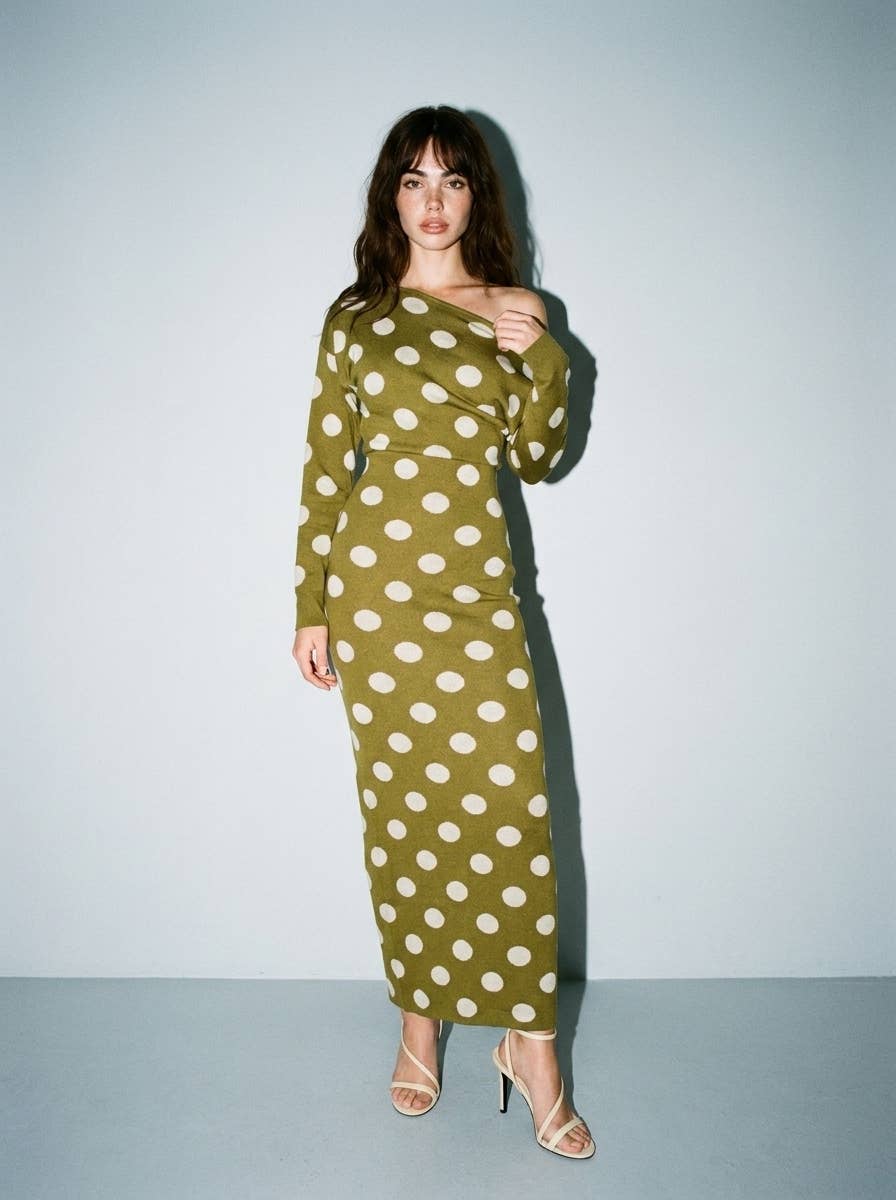 OLIVE / M- Polka Dot Off The Shoulder Sweater Knit Maxi Dress
