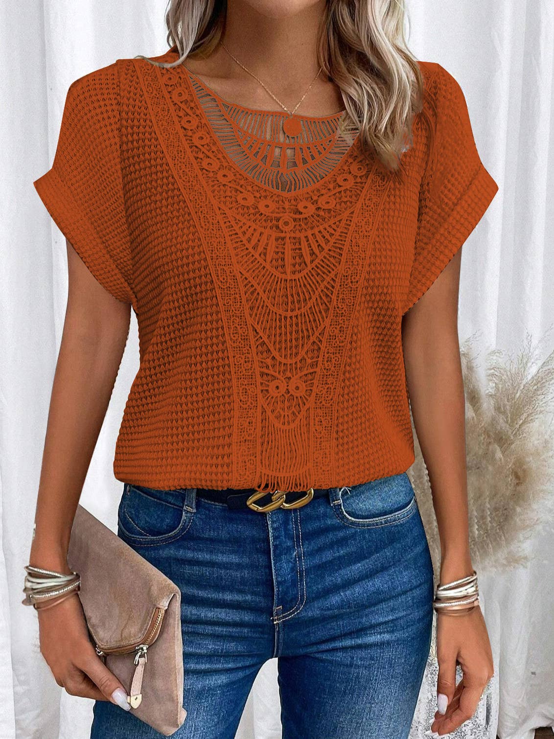 CUT-OUT LACE PATCHWORK SHORT SLEEVE T-SHIRT