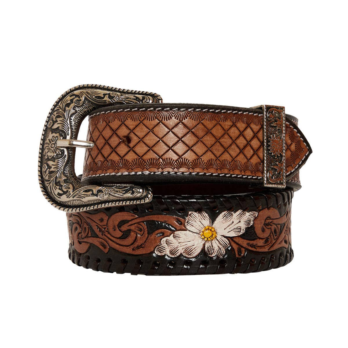 Checkered brown  Hand-Tooled  Leather Women's Belt: Brown