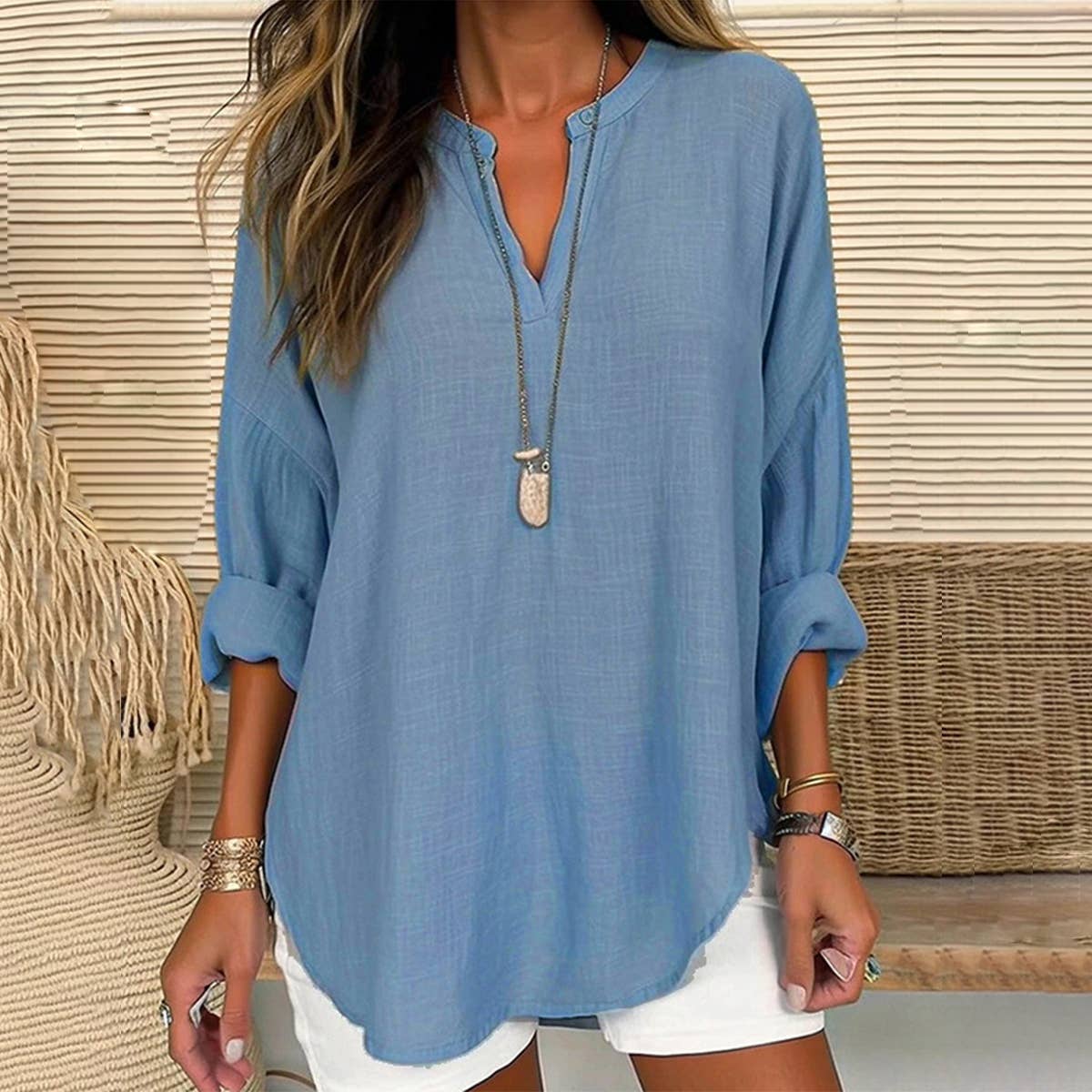 Free Spirit Cotton Linen V-Neck Top
