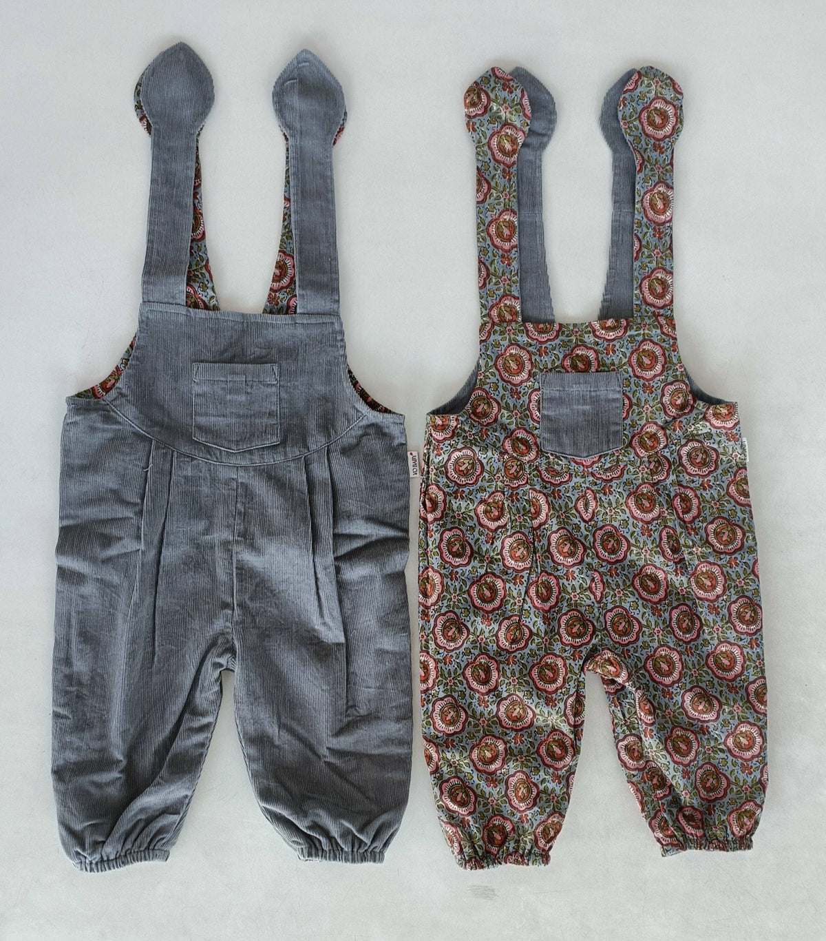 Reversible Solid Grey Corduroy & Grey Floral Printed Jumpsuit : Infant : Baby : Toddler : Tween : Kids