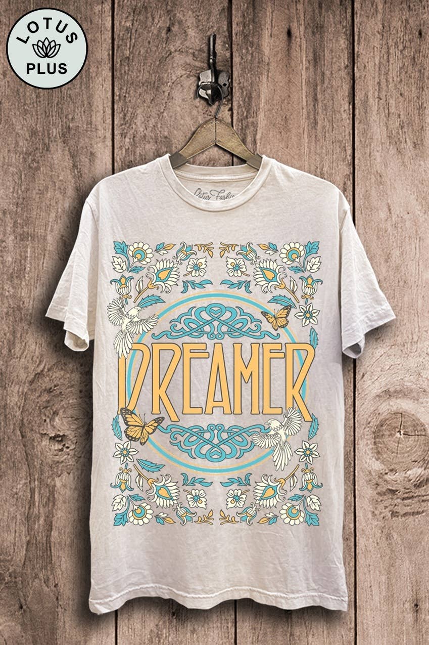 3XL- Dreamer Graphic Top: Stone Gray Mineral Wash / 3XL