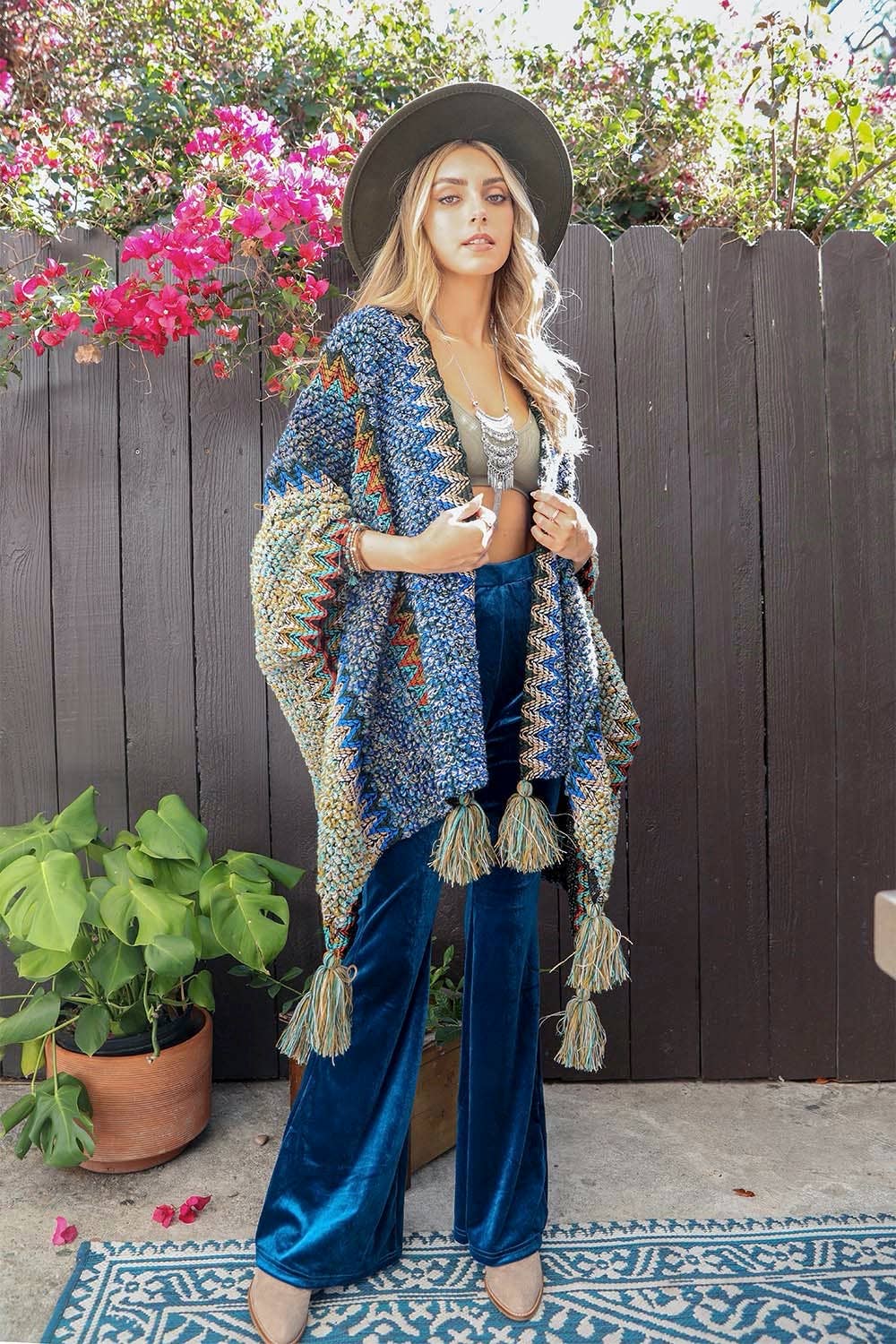Unique Patterned Crochet Ruana – Colorful Tassel Cardigan ❤️: Magenta