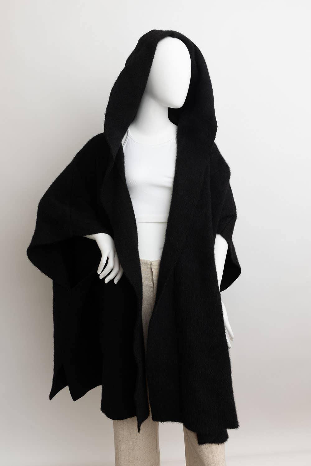 Cozy Plush Solid Color Hooded Ruana: Black