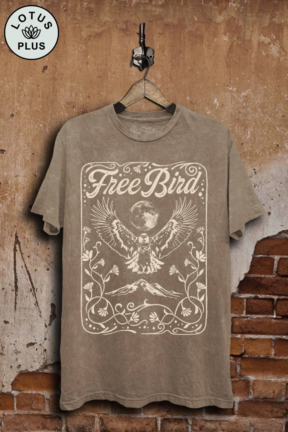 3XL - Free Bird Graphic Top: Mocha Mineral Wash / 3XL