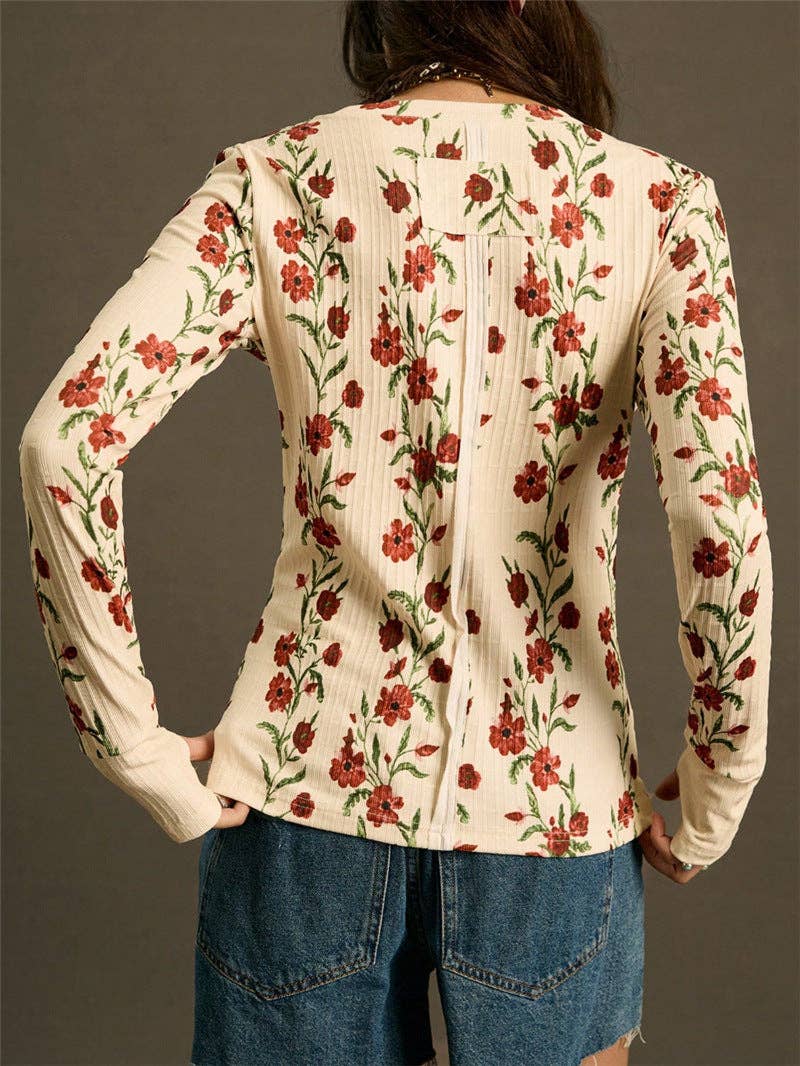 Vintage Floral Ribbed Fitted Long Sleeve