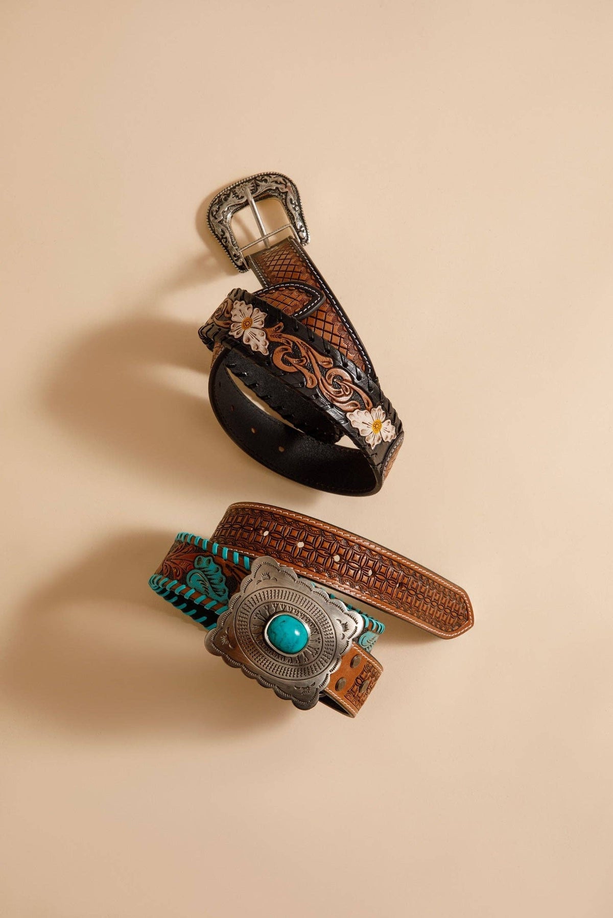 Checkered brown  Hand-Tooled  Leather Women's Belt: Brown