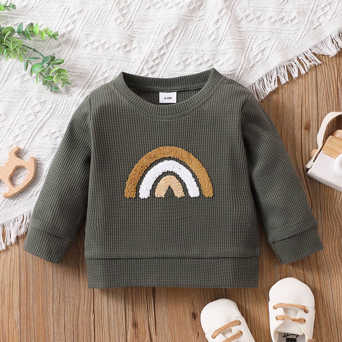 Baby BoyGirl Rainbow Pattern Waffle Long-sleeve Sweatshirt