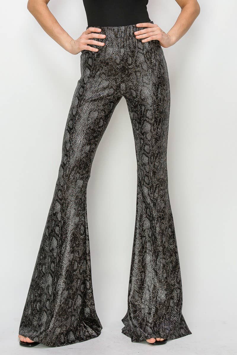 PLUS SIZE PYTHON GOLD FOIL BELLBOTTOM KNIT PANTS-2300PAD