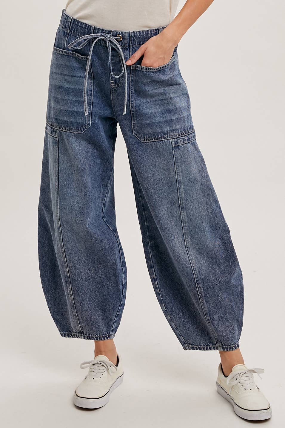 S-DARKDENIM MID-WAIST DRAWSTRINGS BARREL JEANS
